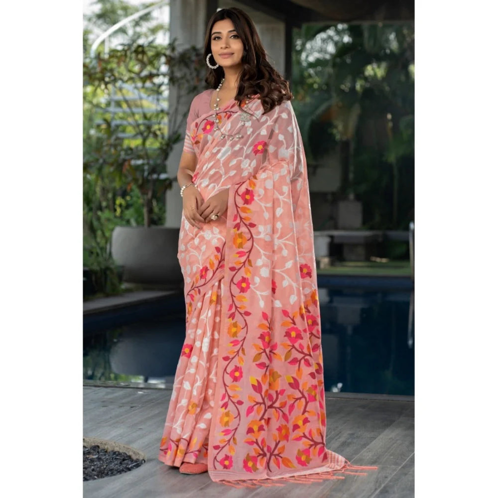 Gillkart Women's Cotton Printed Saree With Unstitched Blouse (Peach, 5-6 Mtrs)