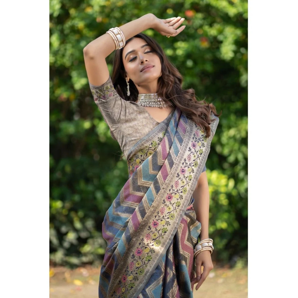 Gillkart Women's Organza Printed Saree With Unstitched Blouse (Teal, 5-6 Mtrs)