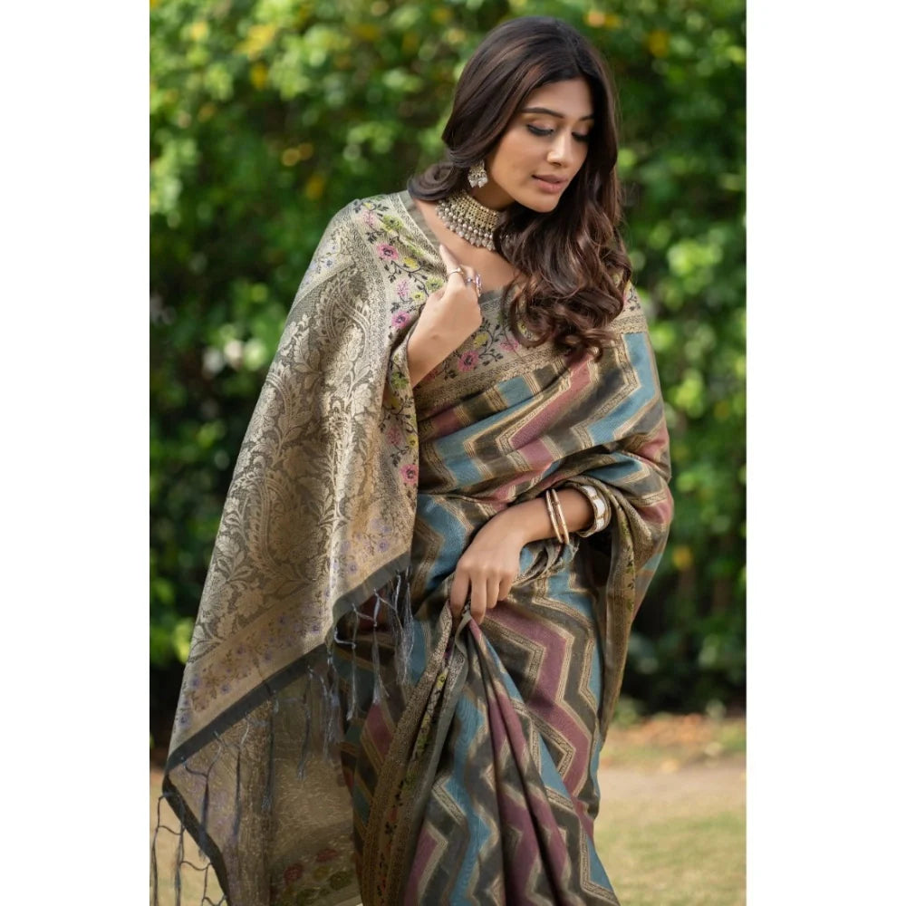 Gillkart Women's Organza Printed Saree With Unstitched Blouse (Grey, 5-6 Mtrs)