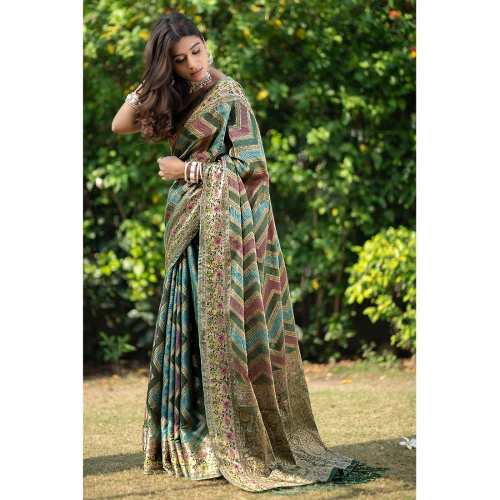 Gillkart Women's Organza Printed Saree With Unstitched Blouse (Green, 5-6 Mtrs)