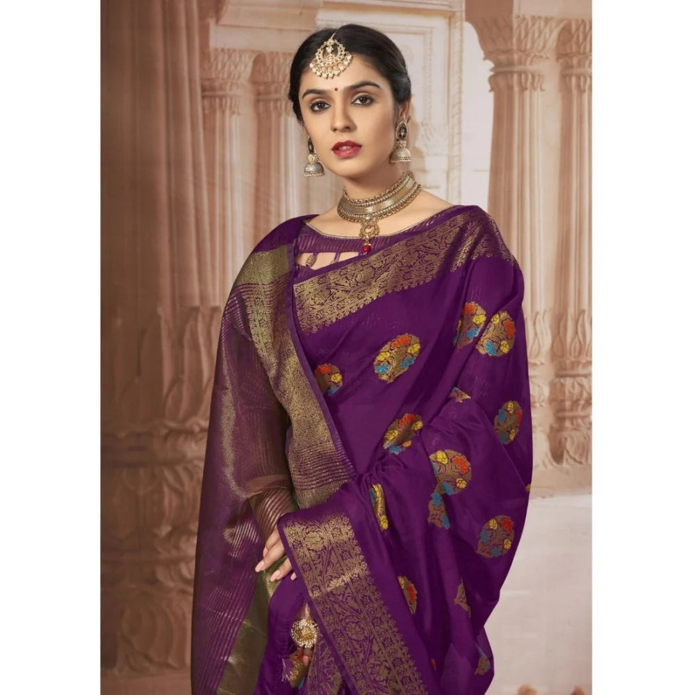 Gillkart Women's Chanderi Cotton Printed Saree With Unstitched Blouse (Purple, 5-6 Mtrs)
