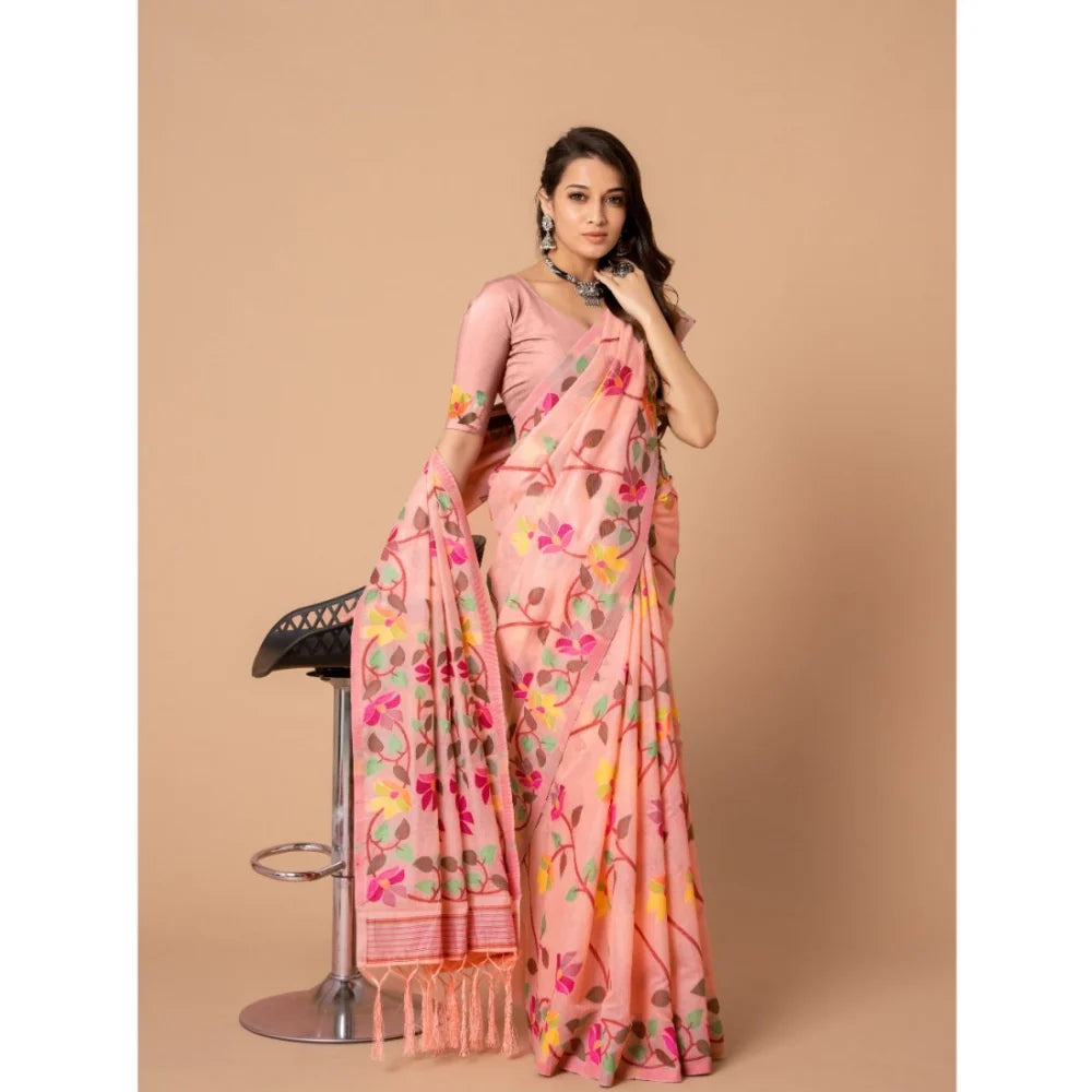 Gillkart Women's Cotton Printed Saree With Unstitched Blouse (Pink, 5-6 Mtrs)