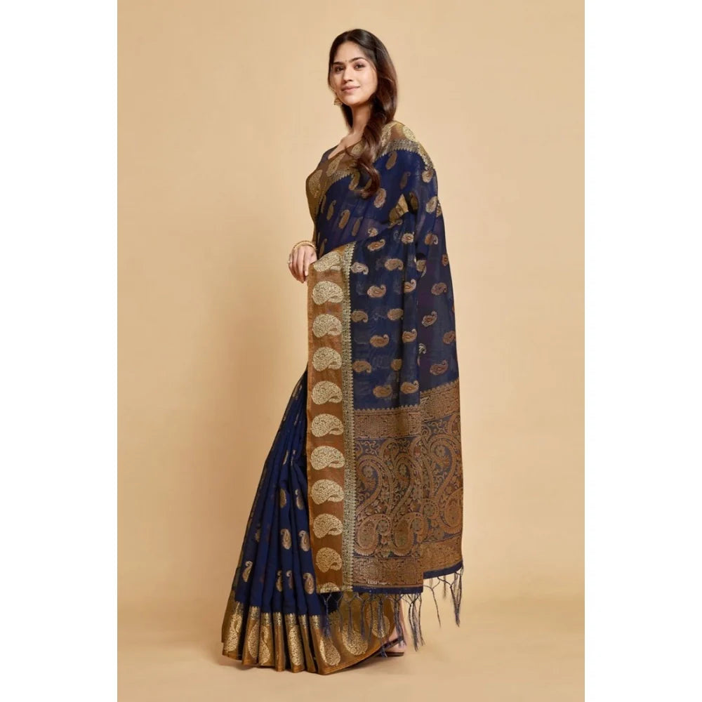Gillkart Women's Chanderi Cotton Printed Saree With Unstitched Blouse (Navy Blue, 5-6 Mtrs)