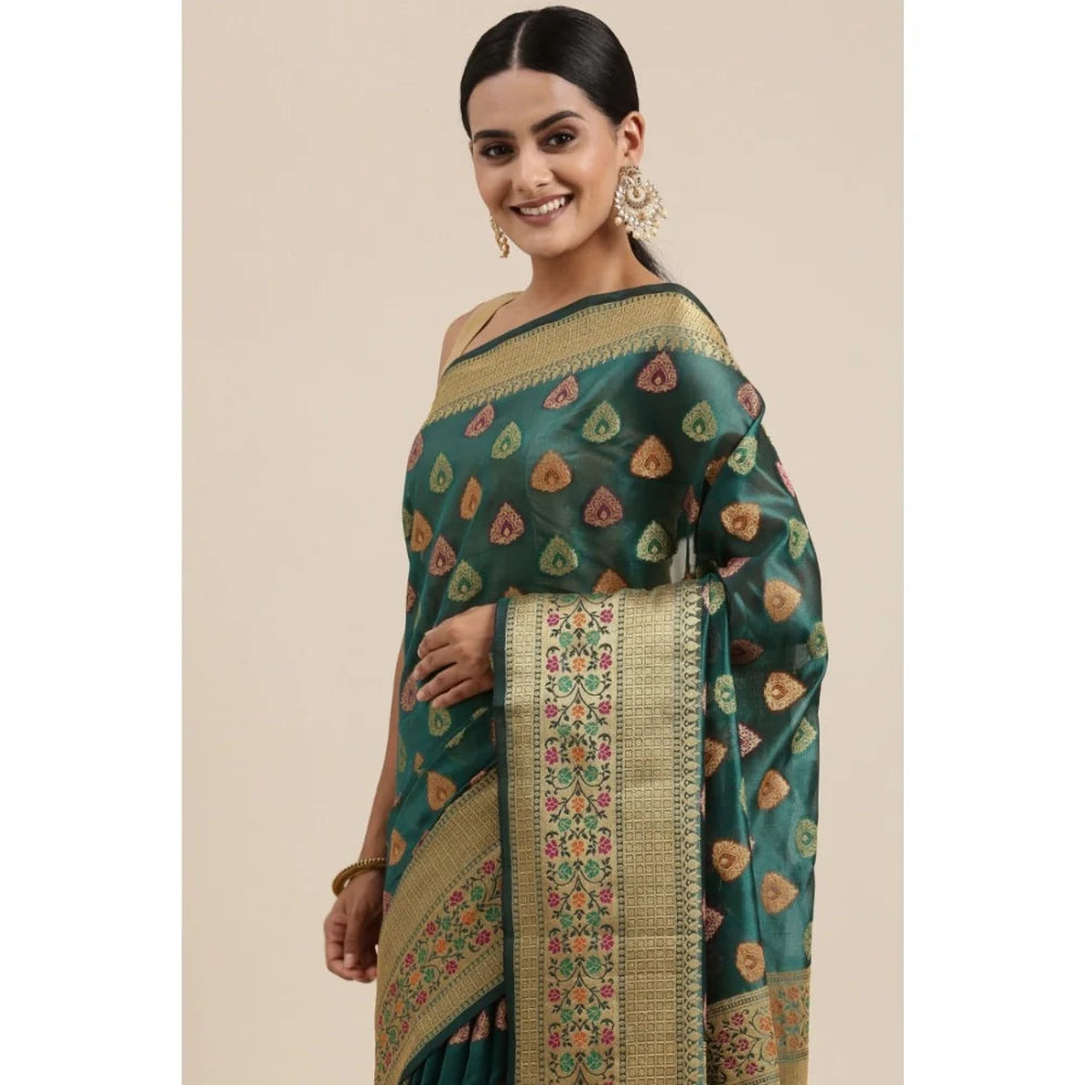 Gillkart Women's Organza Printed Saree With Unstitched Blouse (Sea Green, 5-6 Mtrs)