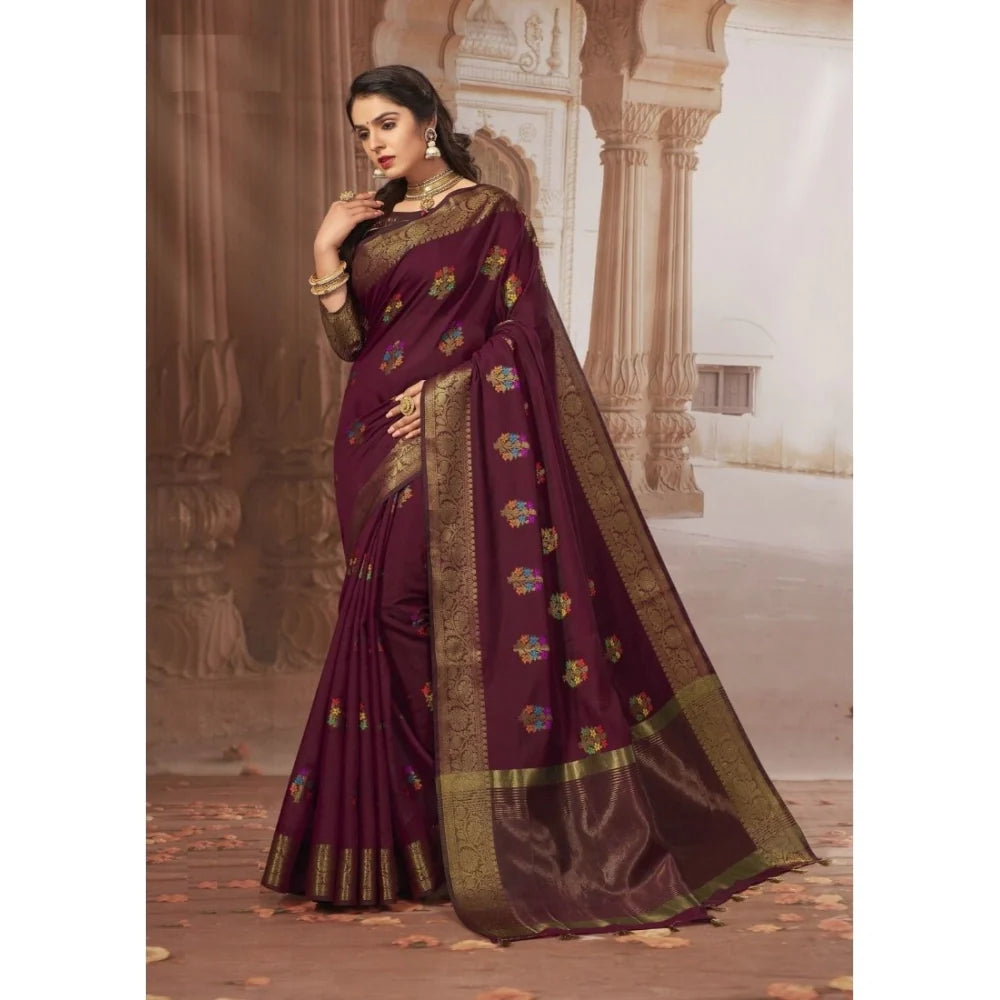 Gillkart Women's Chanderi Cotton Printed Saree With Unstitched Blouse (Maroon, 5-6 Mtrs)