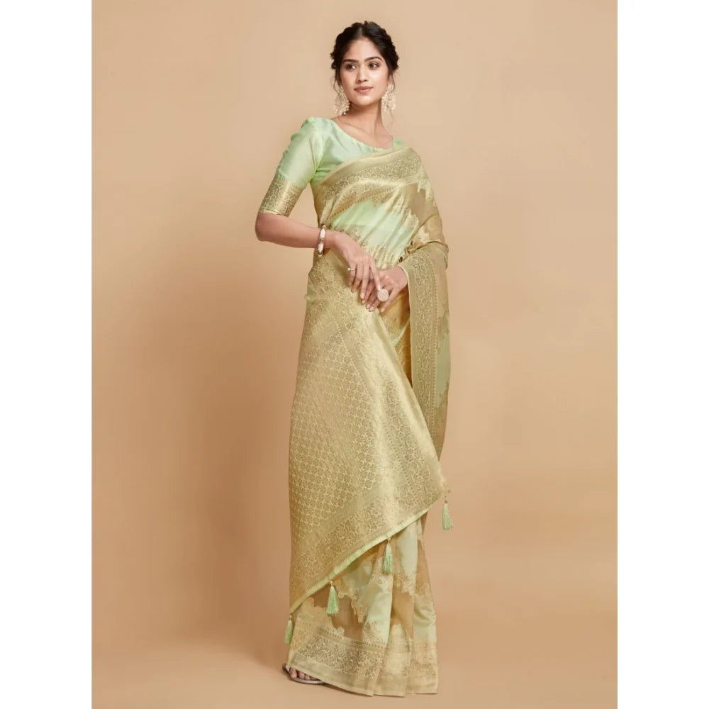 Gillkart Women's Linen Printed Saree With Unstitched Blouse (Pista, 5-6 Mtrs)