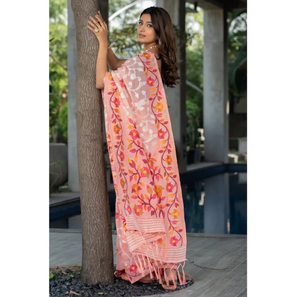 Gillkart Women's Cotton Printed Saree With Unstitched Blouse (Peach, 5-6 Mtrs)