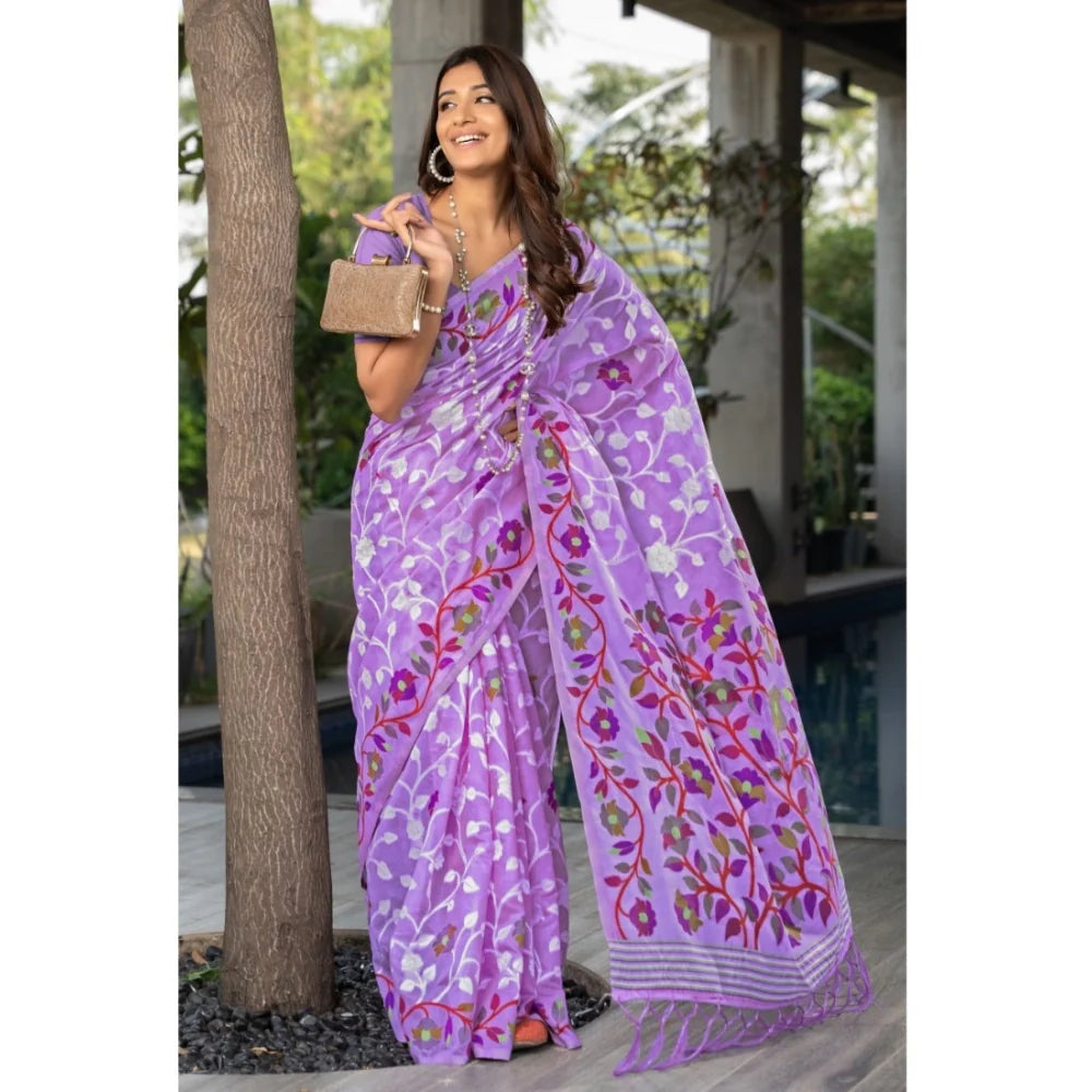 Gillkart Women's Cotton Printed Saree With Unstitched Blouse (Lavender, 5-6 Mtrs)