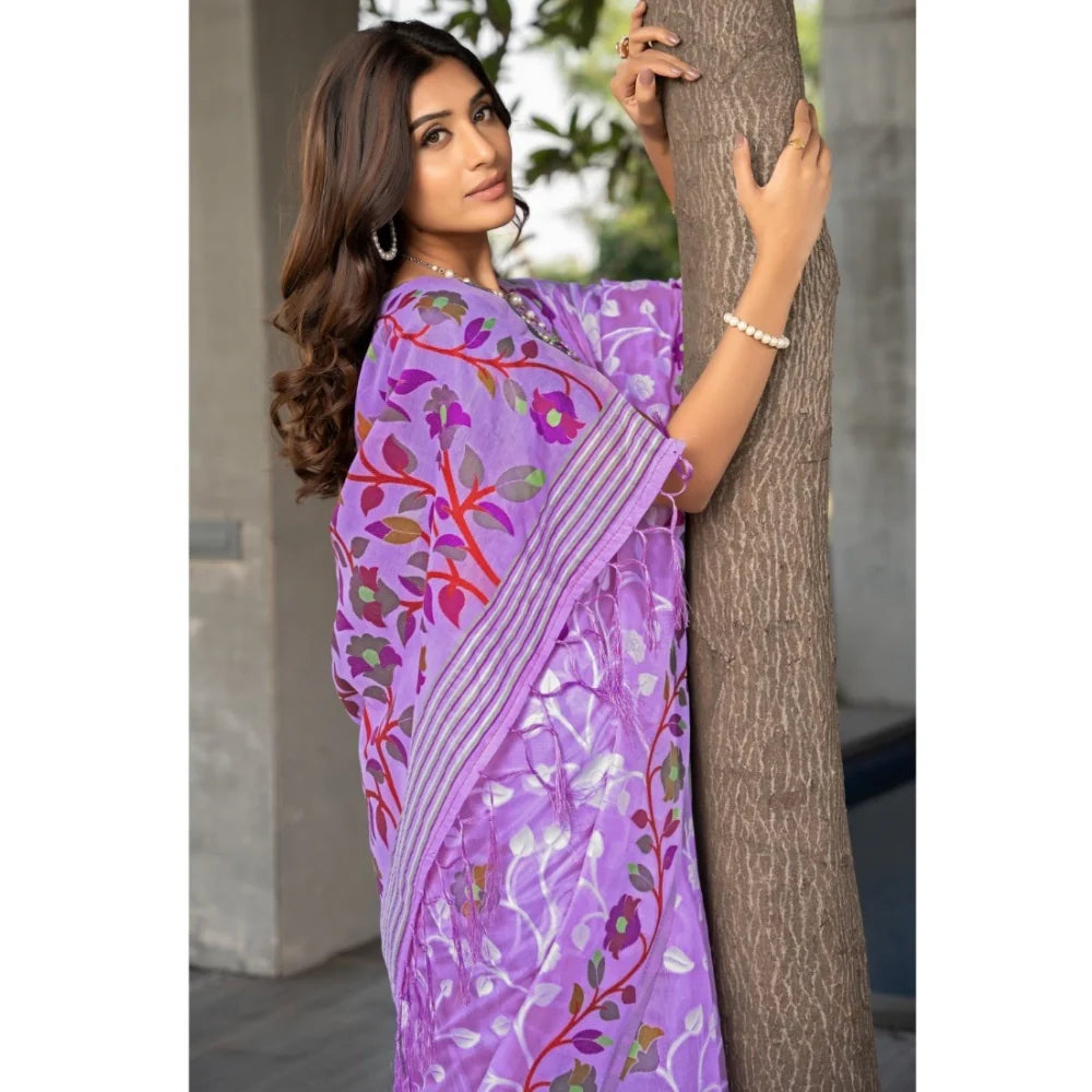 Gillkart Women's Cotton Printed Saree With Unstitched Blouse (Lavender, 5-6 Mtrs)