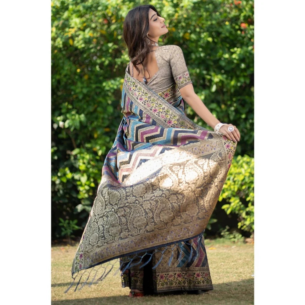 Gillkart Women's Organza Printed Saree With Unstitched Blouse (Teal, 5-6 Mtrs)