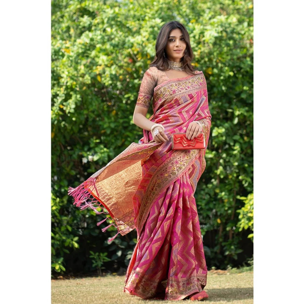 Gillkart Women's Organza Printed Saree With Unstitched Blouse (Pink, 5-6 Mtrs)