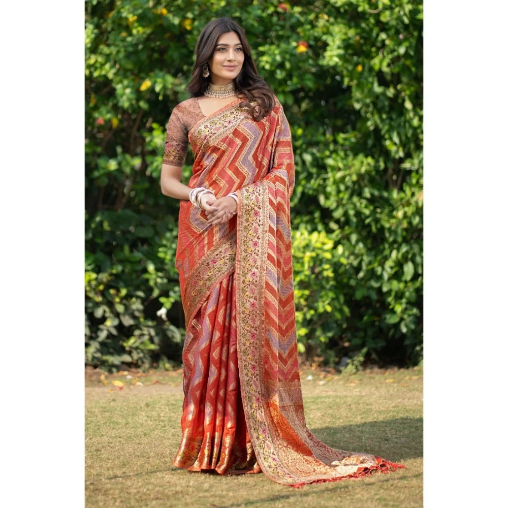 Gillkart Women's Organza Printed Saree With Unstitched Blouse (Orange, 5-6 Mtrs)