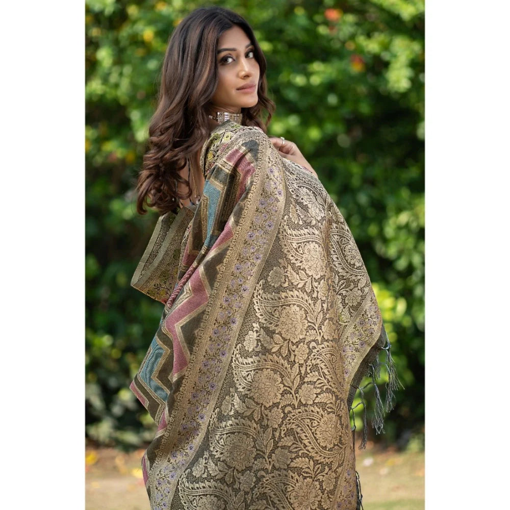 Gillkart Women's Organza Printed Saree With Unstitched Blouse (Grey, 5-6 Mtrs)