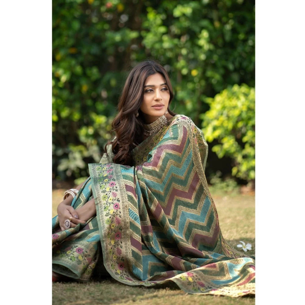 Gillkart Women's Organza Printed Saree With Unstitched Blouse (Green, 5-6 Mtrs)