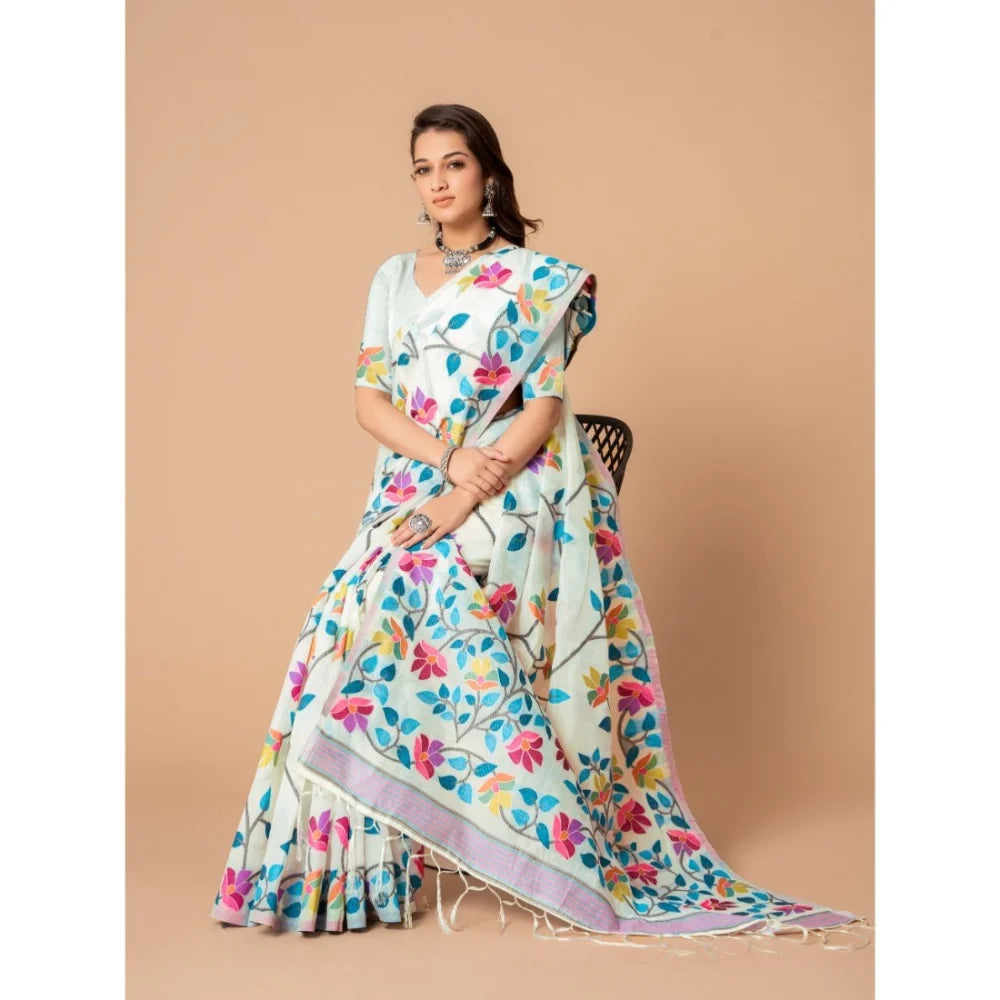 Gillkart Women's Cotton Printed Saree With Unstitched Blouse (White, 5-6 Mtrs)