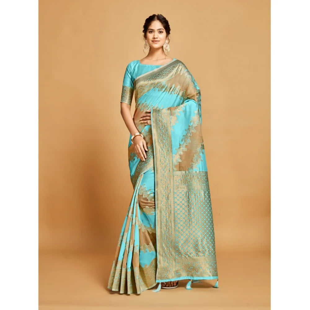 Gillkart Women's Linen Printed Saree With Unstitched Blouse (Sky Blue, 5-6 Mtrs)