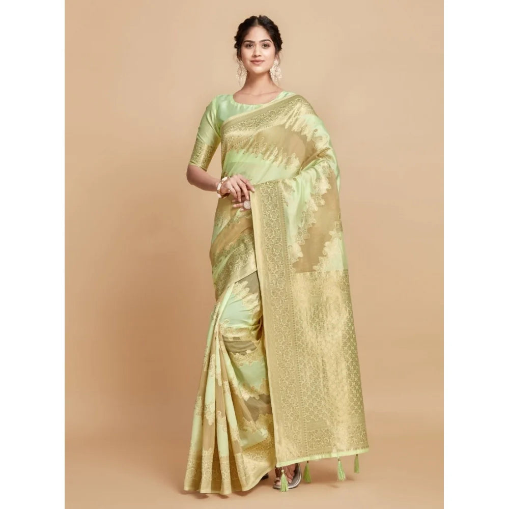 Gillkart Women's Linen Printed Saree With Unstitched Blouse (Pista, 5-6 Mtrs)