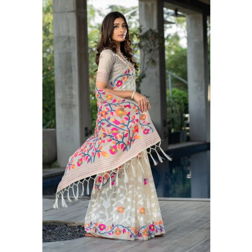 Gillkart Women's Cotton Printed Saree With Unstitched Blouse (Off-White, 5-6 Mtrs)