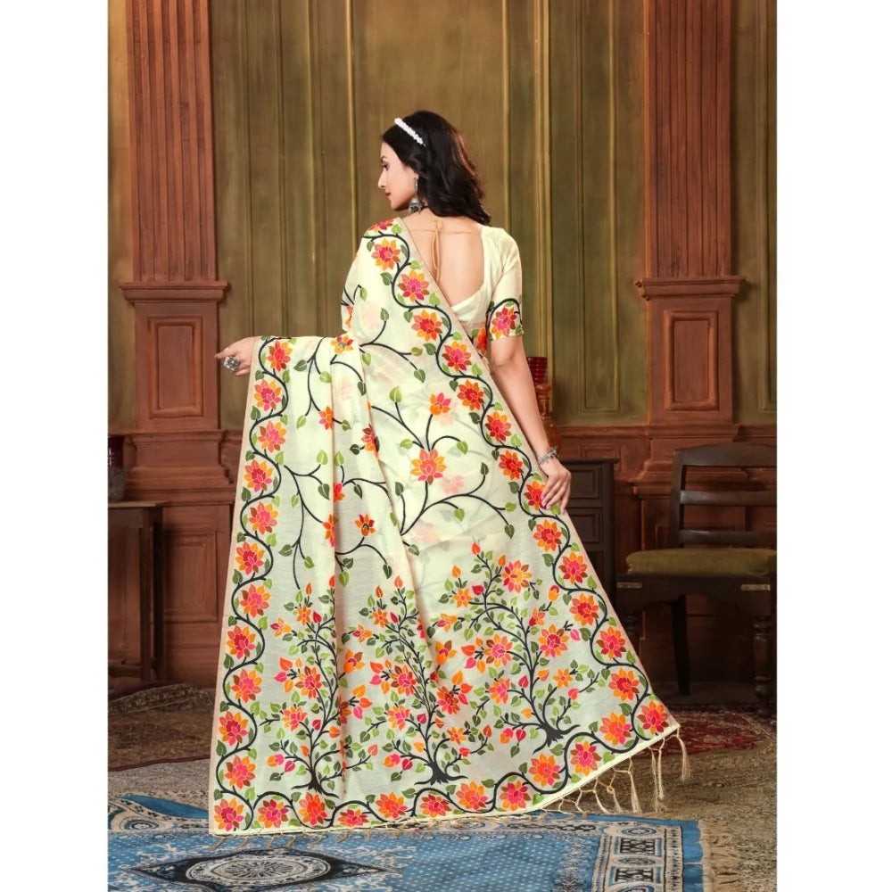 Gillkart Women's Organza Printed Saree With Unstitched Blouse (White, 5-6 Mtrs)