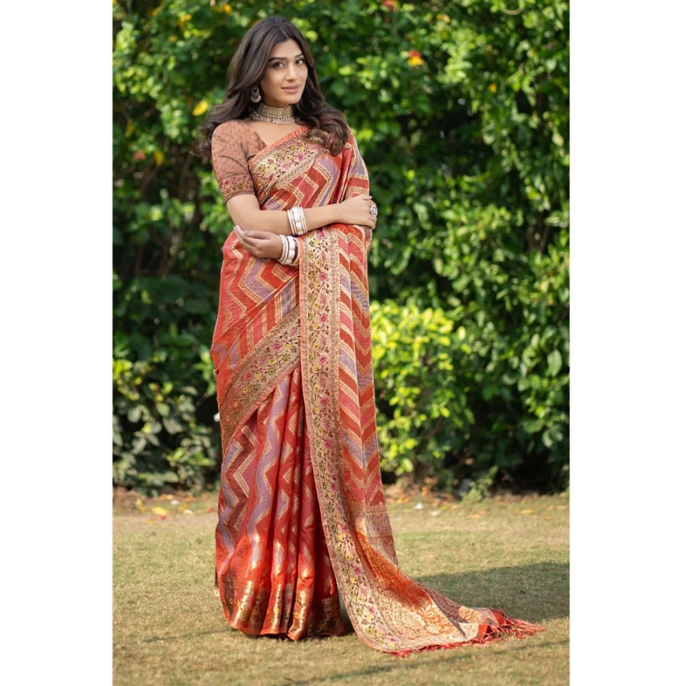 Gillkart Women's Organza Printed Saree With Unstitched Blouse (Orange, 5-6 Mtrs)