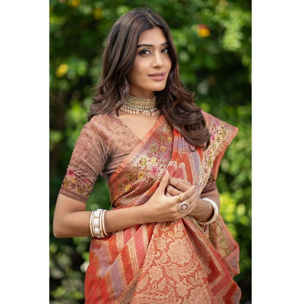 Gillkart Women's Organza Printed Saree With Unstitched Blouse (Orange, 5-6 Mtrs)