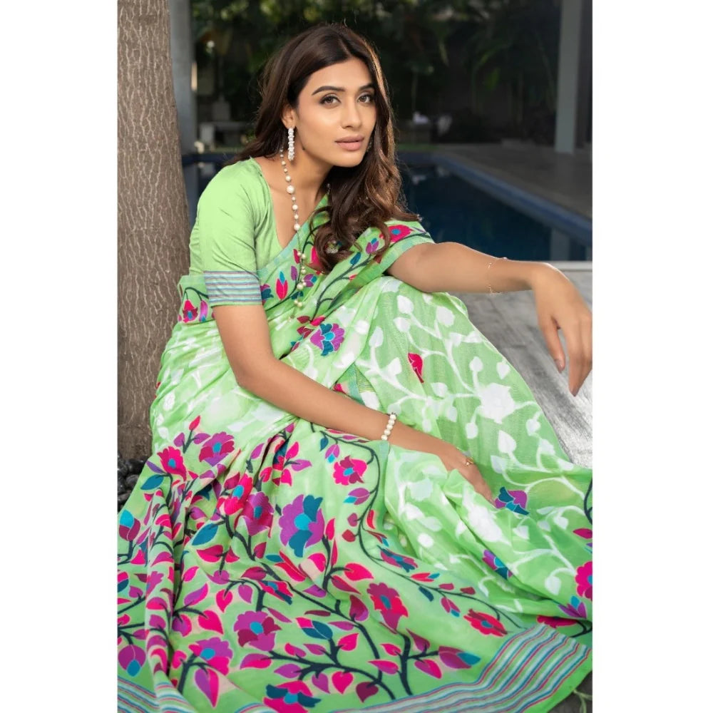 Gillkart Women's Cotton Printed Saree With Unstitched Blouse (Green, 5-6 Mtrs)