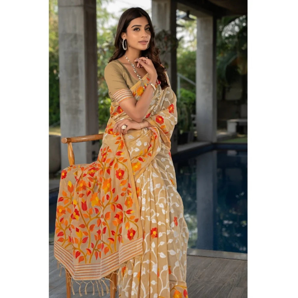 Gillkart Women's Cotton Printed Saree With Unstitched Blouse (Beige, 5-6 Mtrs)