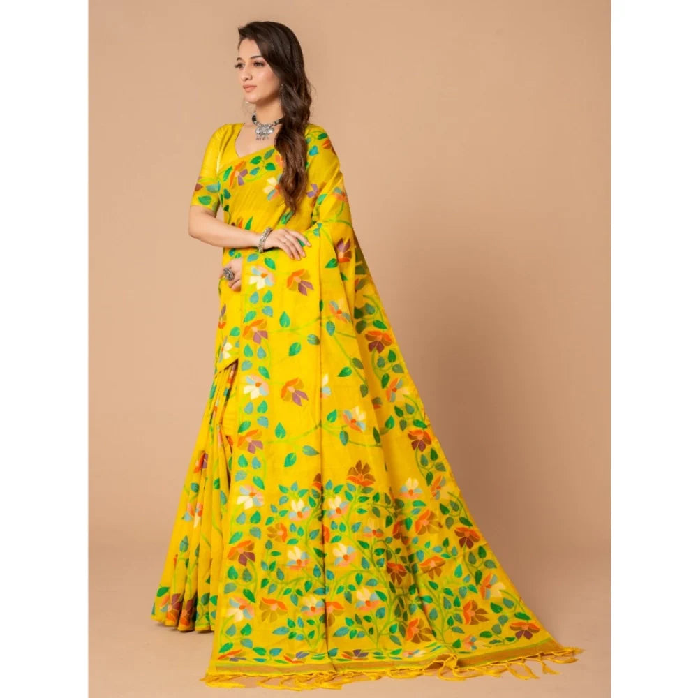 Gillkart Women's Cotton Printed Saree With Unstitched Blouse (Yellow, 5-6 Mtrs)