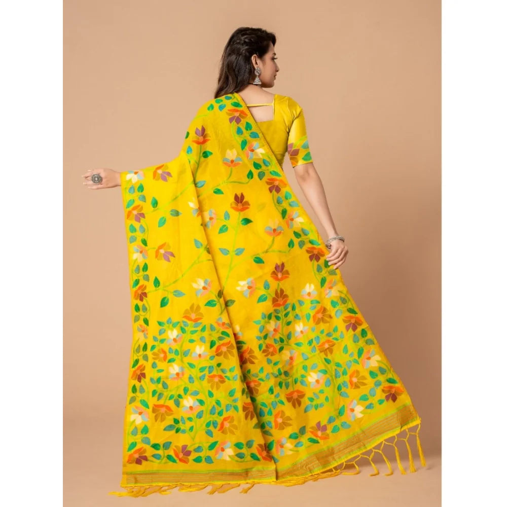 Gillkart Women's Cotton Printed Saree With Unstitched Blouse (Yellow, 5-6 Mtrs)