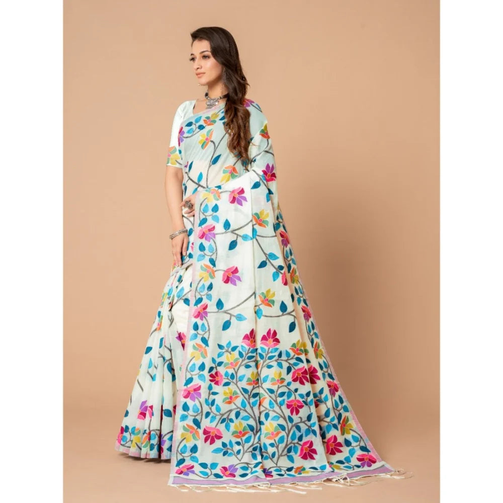 Gillkart Women's Cotton Printed Saree With Unstitched Blouse (White, 5-6 Mtrs)