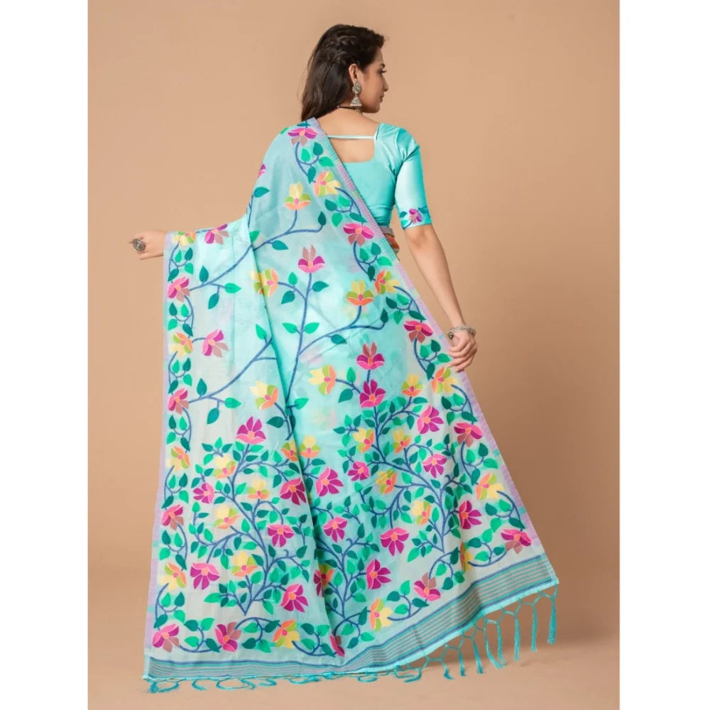 Gillkart Women's Cotton Printed Saree With Unstitched Blouse (Sky Blue, 5-6 Mtrs)