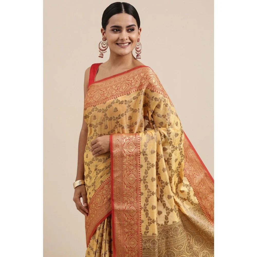 Gillkart Women's Chanderi Cotton Printed Saree With Unstitched Blouse (Yellow, 5-6 Mtrs)