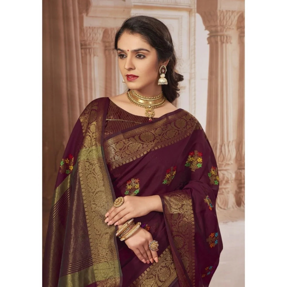 Gillkart Women's Chanderi Cotton Printed Saree With Unstitched Blouse (Maroon, 5-6 Mtrs)