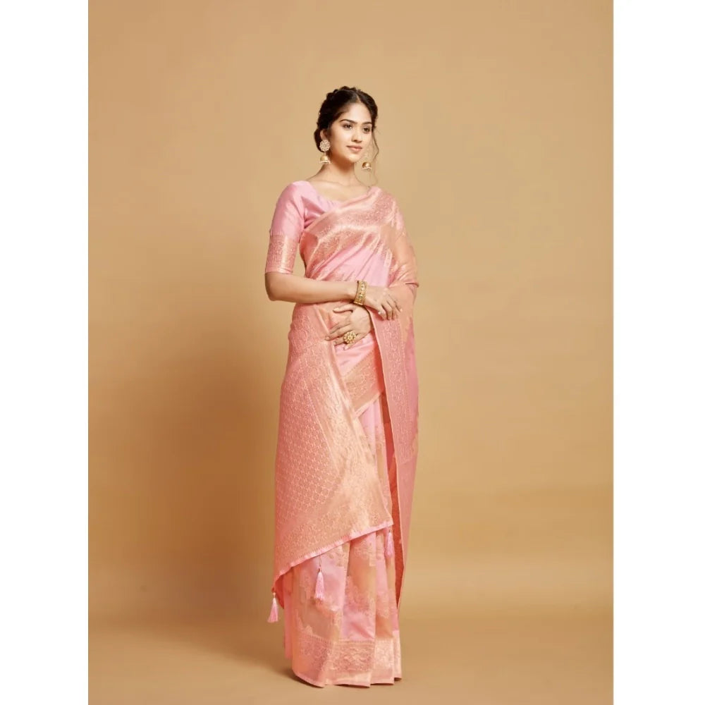 Gillkart Women's Linen Printed Saree With Unstitched Blouse (Pink, 5-6 Mtrs)