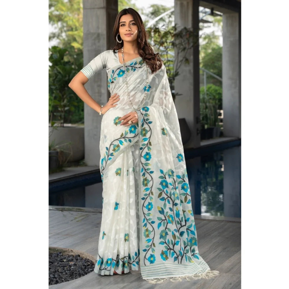 Gillkart Women's Cotton Printed Saree With Unstitched Blouse (White, 5-6 Mtrs)