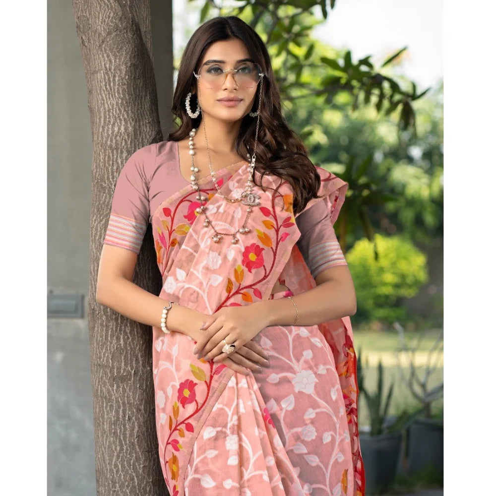 Gillkart Women's Cotton Printed Saree With Unstitched Blouse (Peach, 5-6 Mtrs)