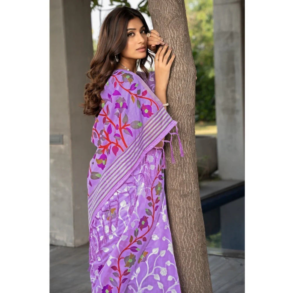 Gillkart Women's Cotton Printed Saree With Unstitched Blouse (Lavender, 5-6 Mtrs)