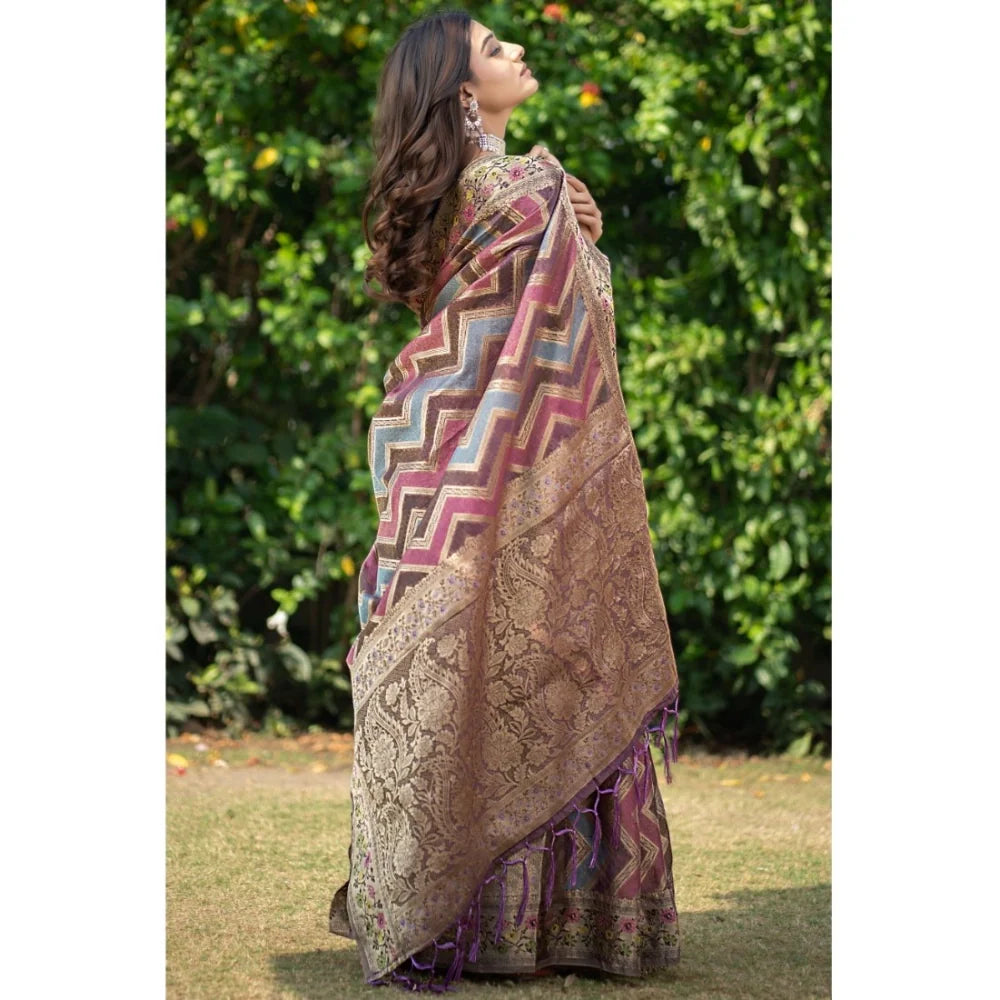 Gillkart Women's Organza Printed Saree With Unstitched Blouse (Wine, 5-6 Mtrs)