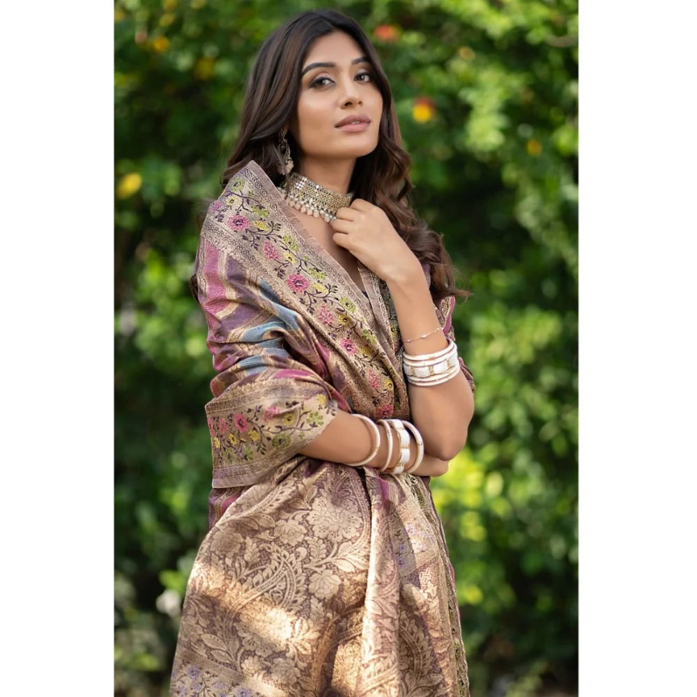 Gillkart Women's Organza Printed Saree With Unstitched Blouse (Wine, 5-6 Mtrs)