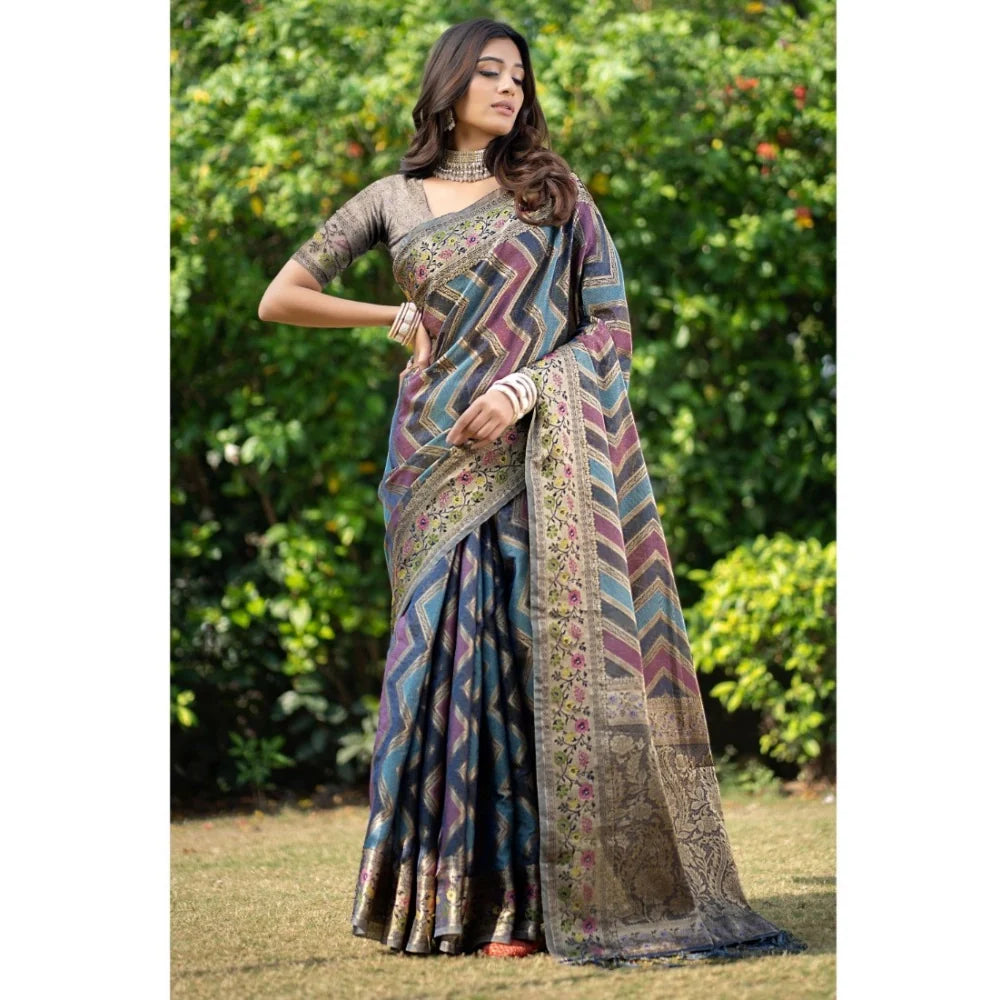 Gillkart Women's Organza Printed Saree With Unstitched Blouse (Teal, 5-6 Mtrs)