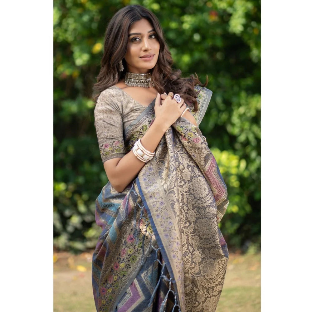 Gillkart Women's Organza Printed Saree With Unstitched Blouse (Teal, 5-6 Mtrs)
