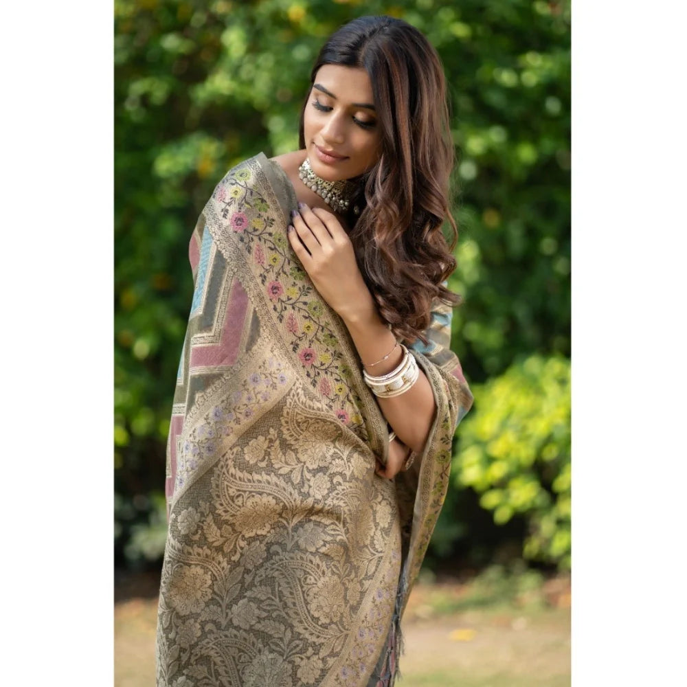 Gillkart Women's Organza Printed Saree With Unstitched Blouse (Grey, 5-6 Mtrs)