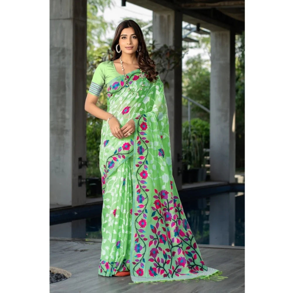 Gillkart Women's Cotton Printed Saree With Unstitched Blouse (Green, 5-6 Mtrs)