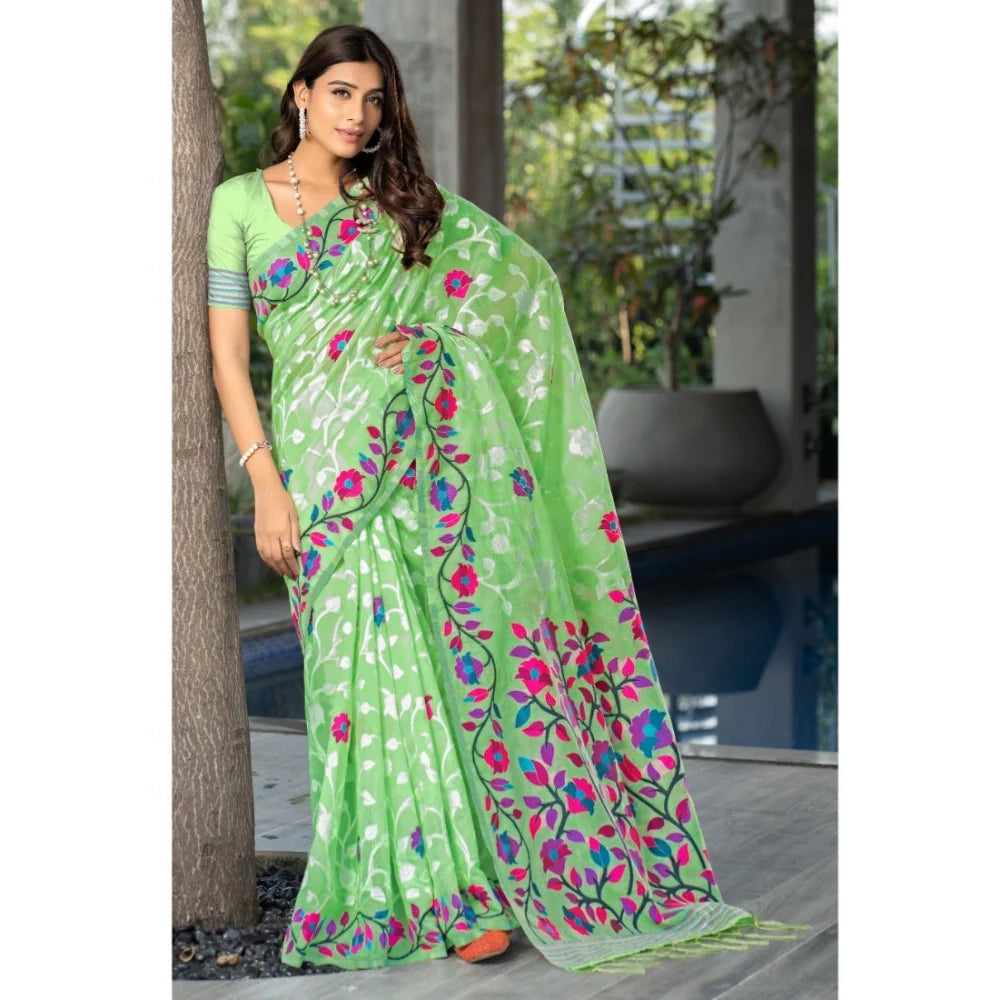 Gillkart Women's Cotton Printed Saree With Unstitched Blouse (Green, 5-6 Mtrs)