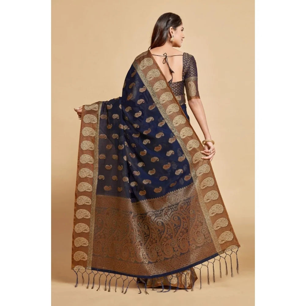 Gillkart Women's Chanderi Cotton Printed Saree With Unstitched Blouse (Navy Blue, 5-6 Mtrs)