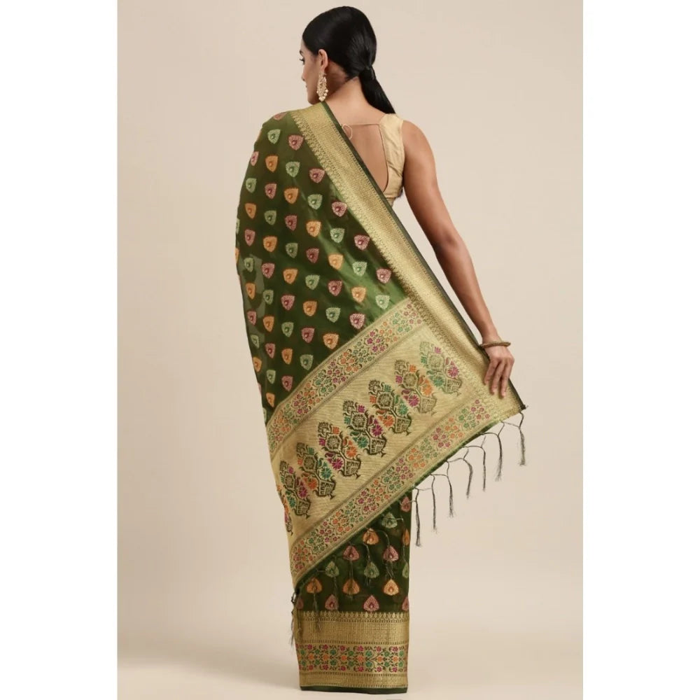 Gillkart Women's Organza Printed Saree With Unstitched Blouse (Mahendi, 5-6 Mtrs)