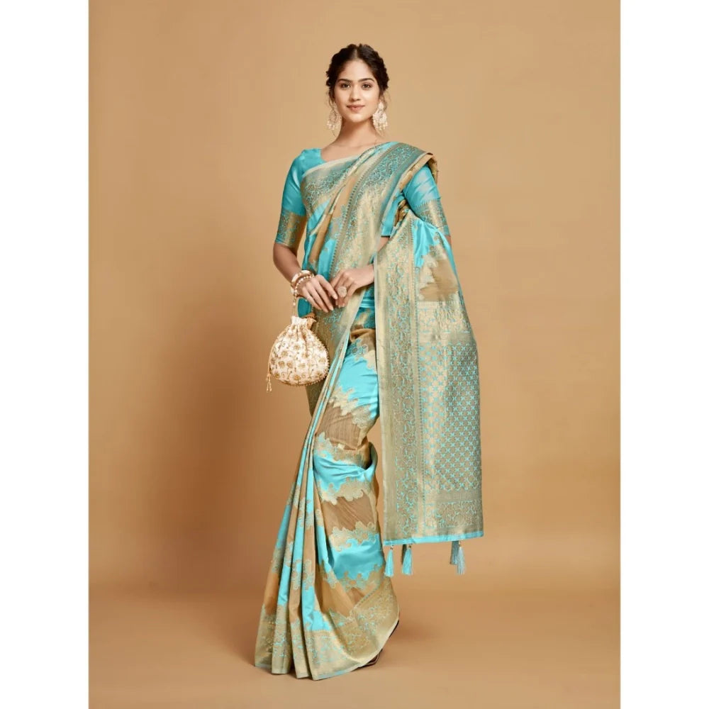 Gillkart Women's Linen Printed Saree With Unstitched Blouse (Sky Blue, 5-6 Mtrs)