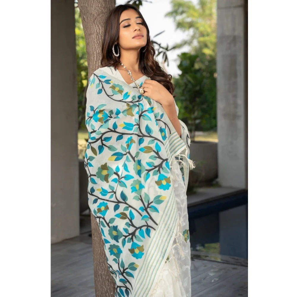 Gillkart Women's Cotton Printed Saree With Unstitched Blouse (White, 5-6 Mtrs)