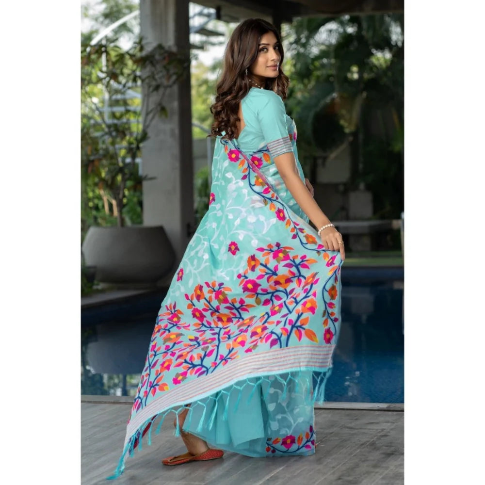 Gillkart Women's Cotton Printed Saree With Unstitched Blouse (Sky Blue, 5-6 Mtrs)