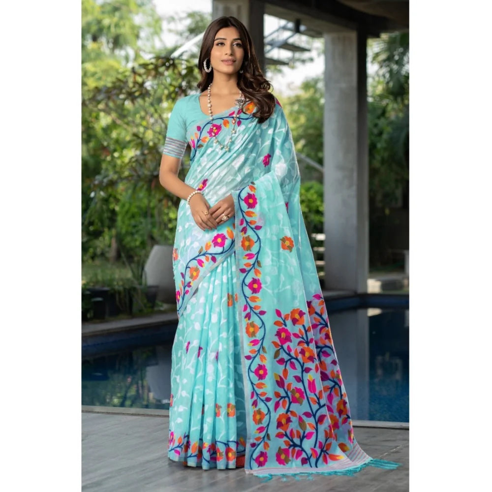 Gillkart Women's Cotton Printed Saree With Unstitched Blouse (Sky Blue, 5-6 Mtrs)